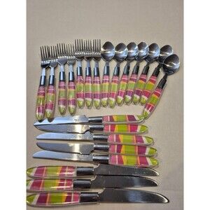 Brylane Home 22 Piece Striped Flatware Set  Stainless Green, Stripped Handle